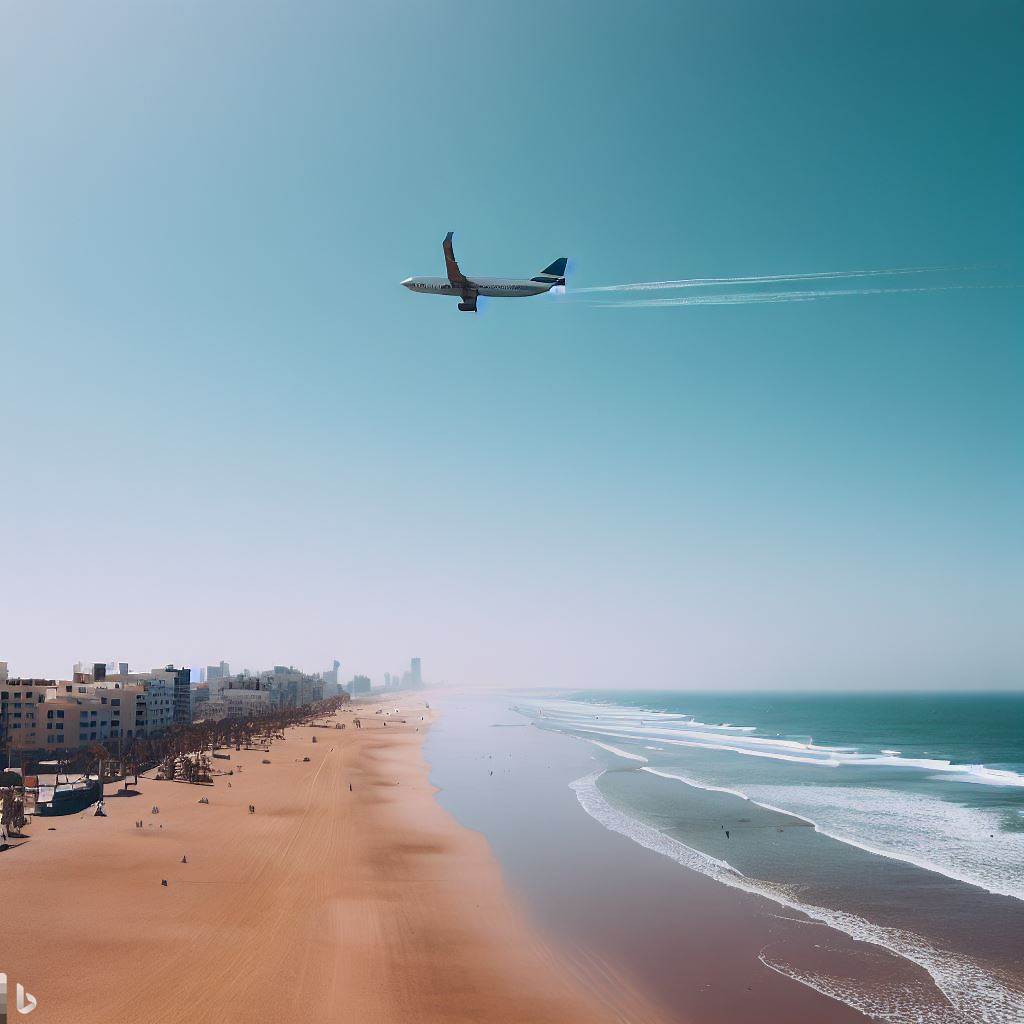 Plane flying along Agadir beach