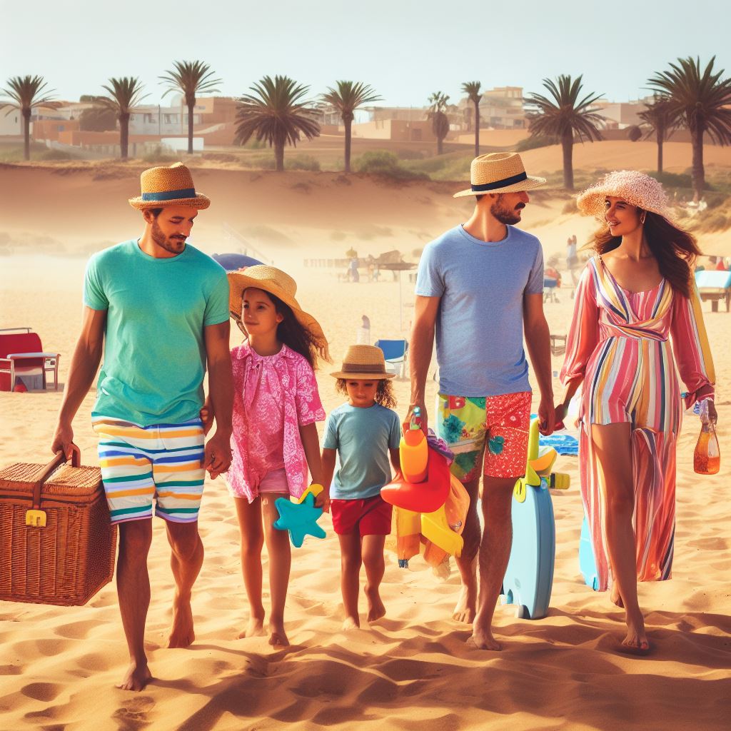 Family visiting beach in Agadir Morocco 
